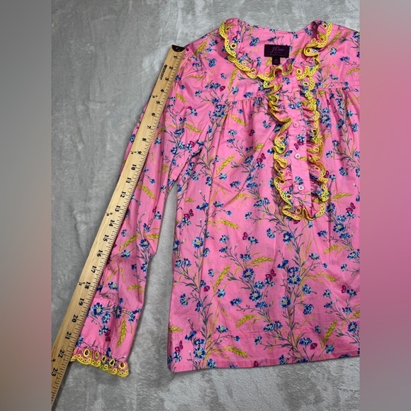J. Crew X Liberty Pink Poplin Floral Butterfly Ruffle Long Sleeve Blouse Size XS - Picture 9 of 16